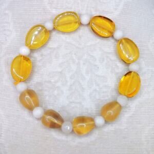 Honey Tone Gemstone Bracelet White Agate Beaded Mix Handmade Stretch NEW